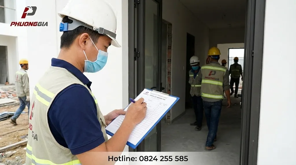 Người kiểm tra hiện trường dùng checklist nghiệm thu theo tuyến từ cửa vào từng khu vực