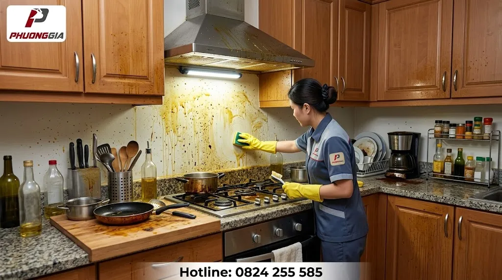 Làm sạch khu bếp căn hộ chung cư có nhiều nội thất và bề mặt bám dầu