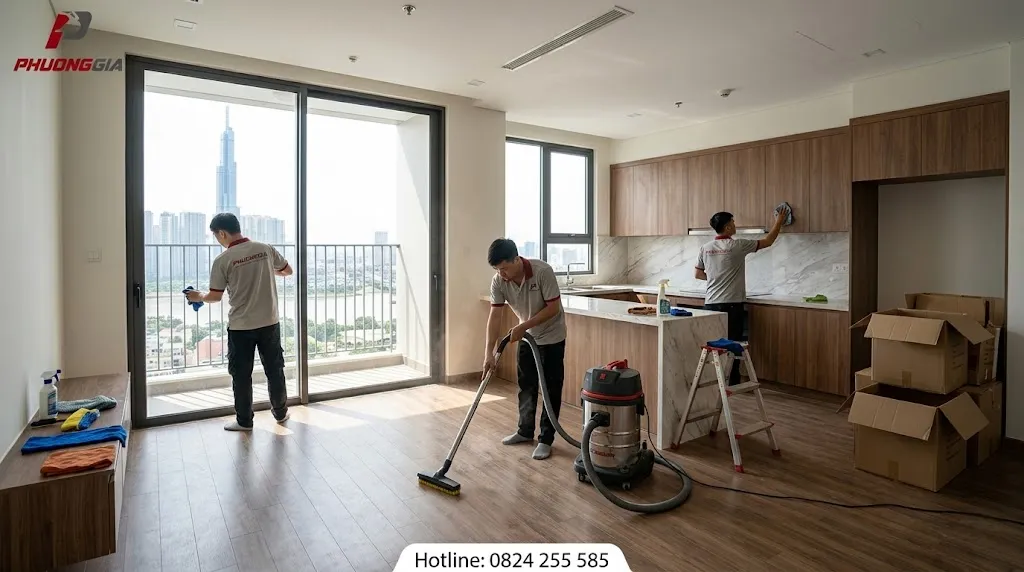 Vệ sinh căn hộ mới bàn giao sau hoàn thiện nội thất và xây dựng