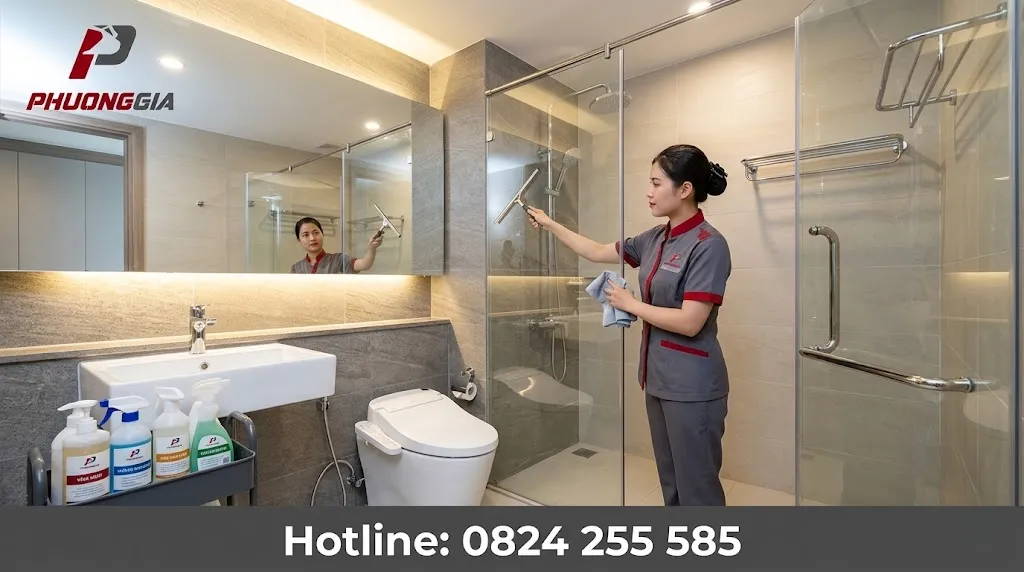 Vệ sinh nhà vệ sinh căn hộ chung cư với kính, gương và thiết bị