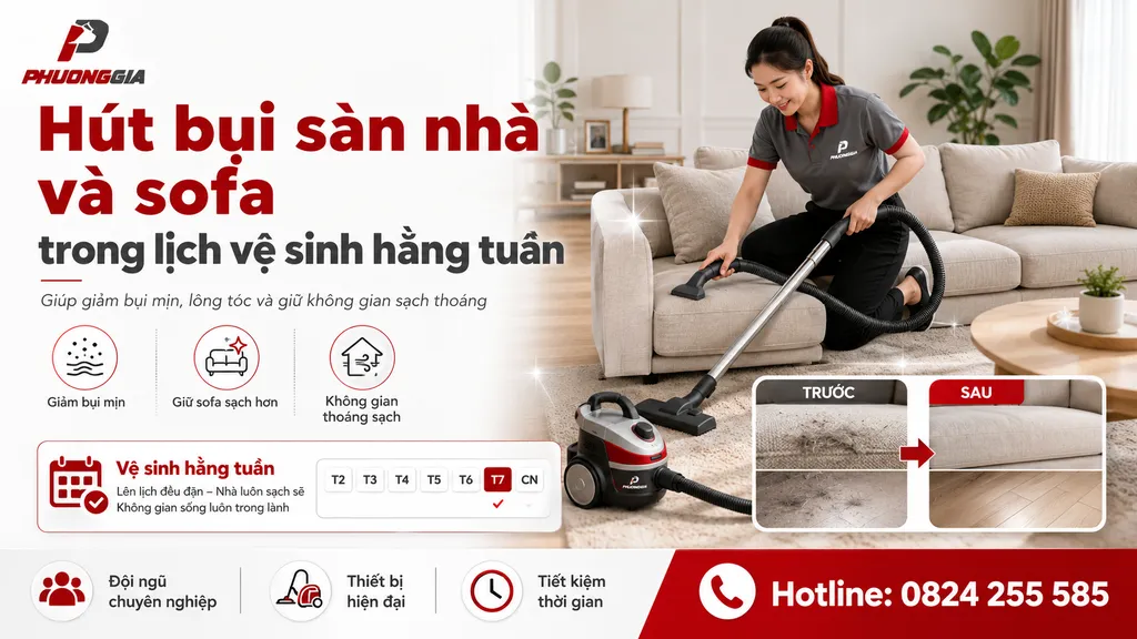 Hút bụi sàn nhà và sofa trong lịch vệ sinh hằng tuần