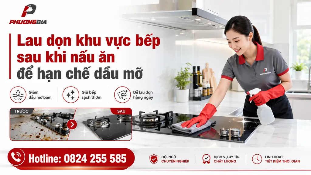 Lau dọn khu vực bếp sau khi nấu ăn để hạn chế dầu mỡ