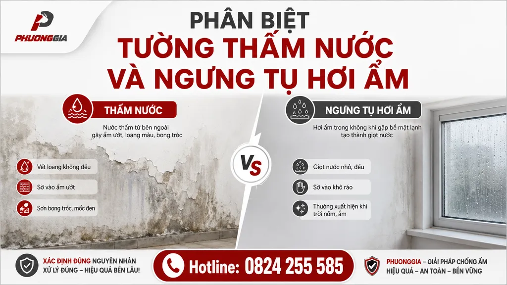 Phân biệt tường thấm nước và ngưng tụ hơi ẩm