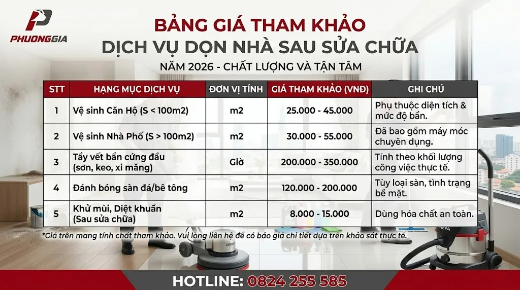 Bảng giá tham khảo dịch vụ dọn nhà sau sửa chữa năm 2026