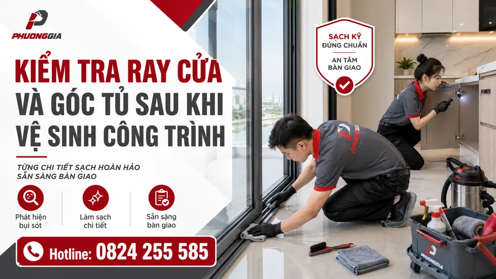 Kiểm tra ray cửa và góc tủ sau khi vệ sinh công trình