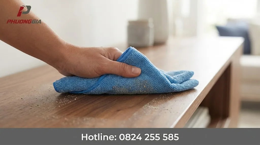Lau ẩm bằng khăn microfiber để hạn chế bụi phát tán