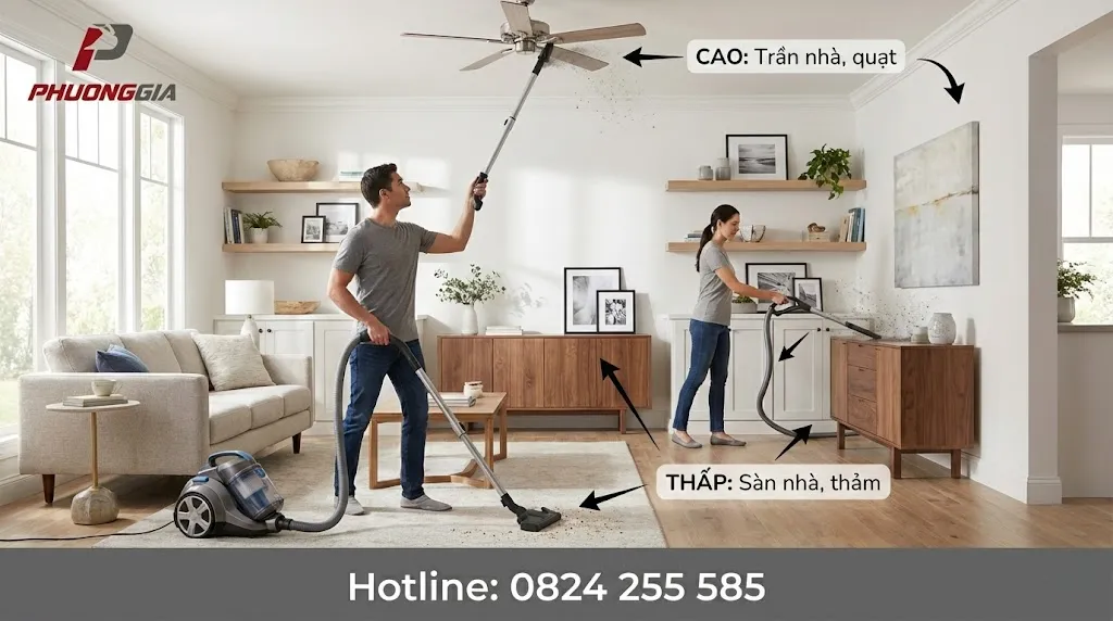 Hút bụi theo thứ tự từ cao xuống thấp trong phòng