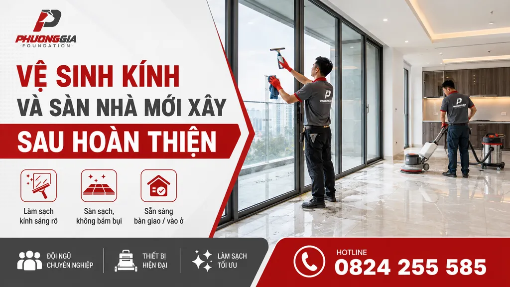 Vệ sinh kính và sàn nhà mới xây sau hoàn thiện