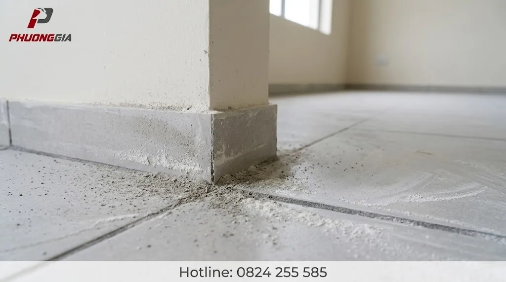 Bụi xi măng và bột trét bám trong ron gạch, chân tường nhà mới xây