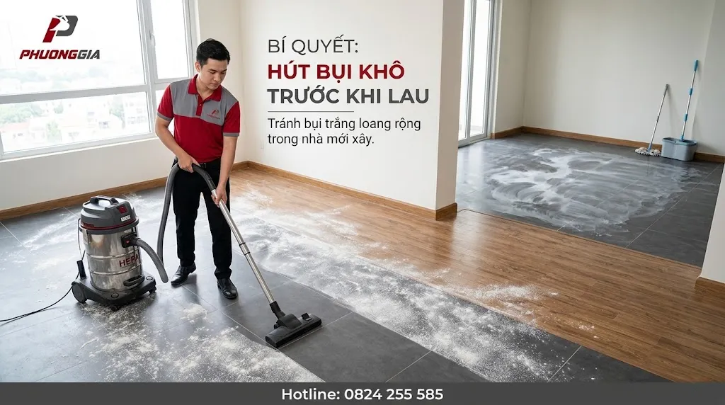 Hút bụi khô trước khi lau sàn nhà mới xây để tránh bụi trắng loang rộng