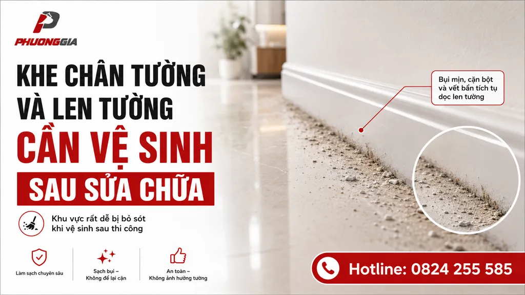 Khe chân tường và len tường cần vệ sinh sau sửa chữa