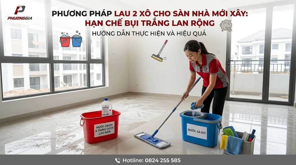 Lau sàn nhà mới xây bằng phương pháp hai xô để hạn chế bụi quay lại