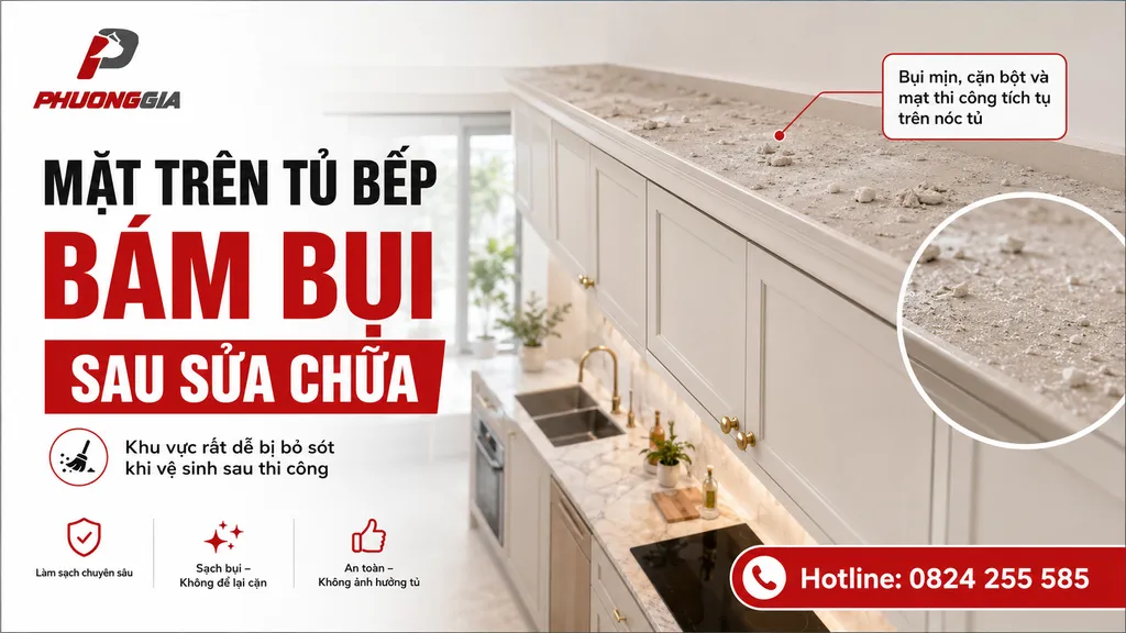 Mặt trên tủ bếp bám bụi sau sửa chữa
