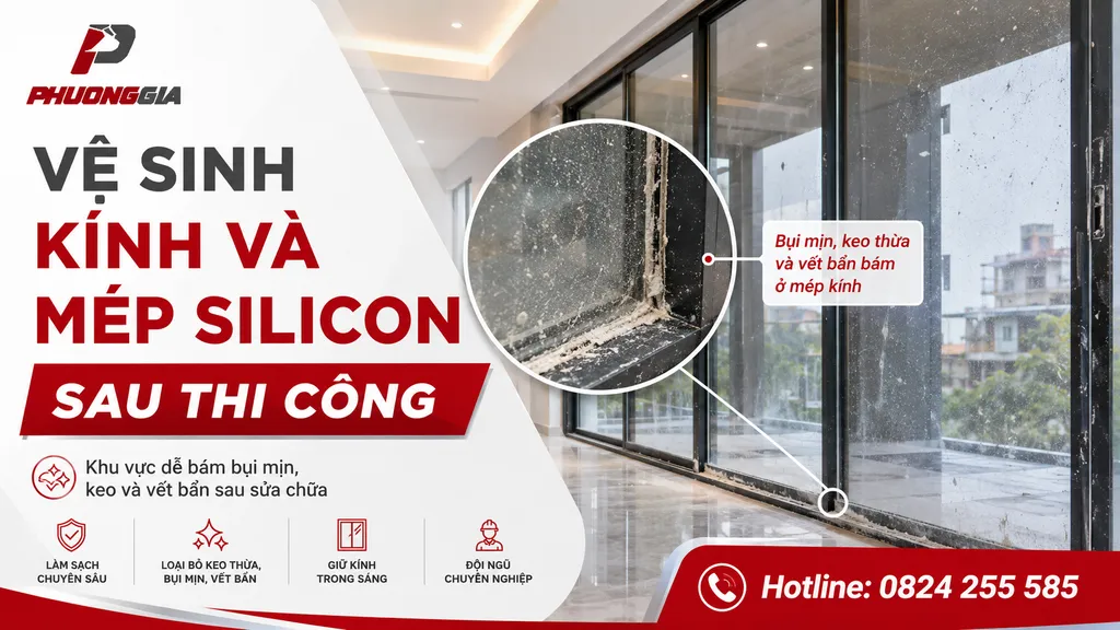 Vệ sinh kính và mép silicon sau thi công