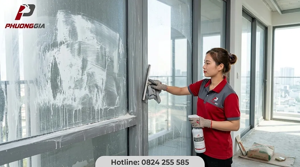 Vệ sinh kính, khung nhôm và ray cửa lùa sau xây dựng để loại bỏ bụi trắng
