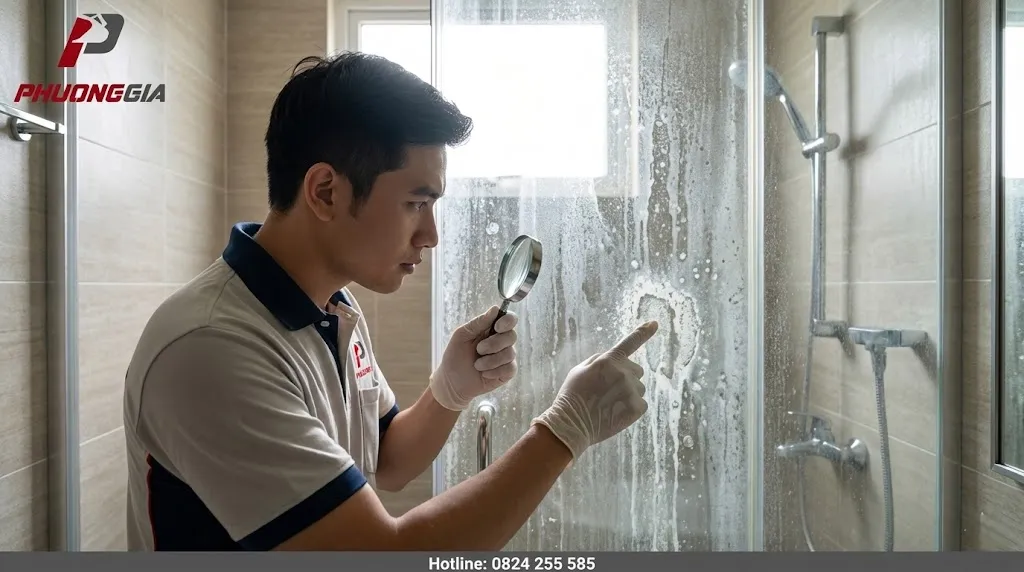 Kiểm tra mức độ cặn bám trên vách kính phòng tắm trước khi vệ sinh