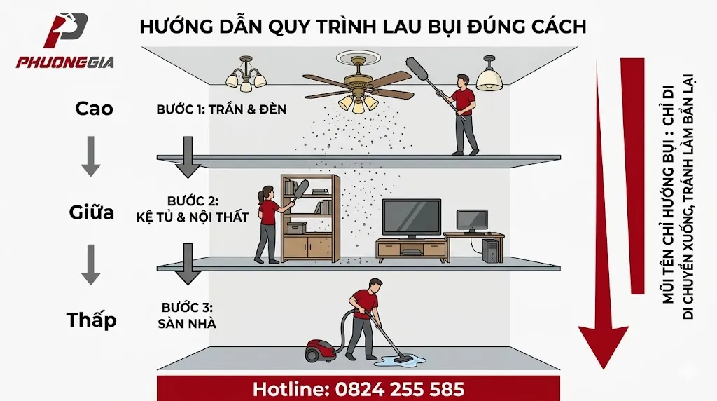 Lau bụi từ cao xuống thấp để tránh làm bẩn lại sàn nhà