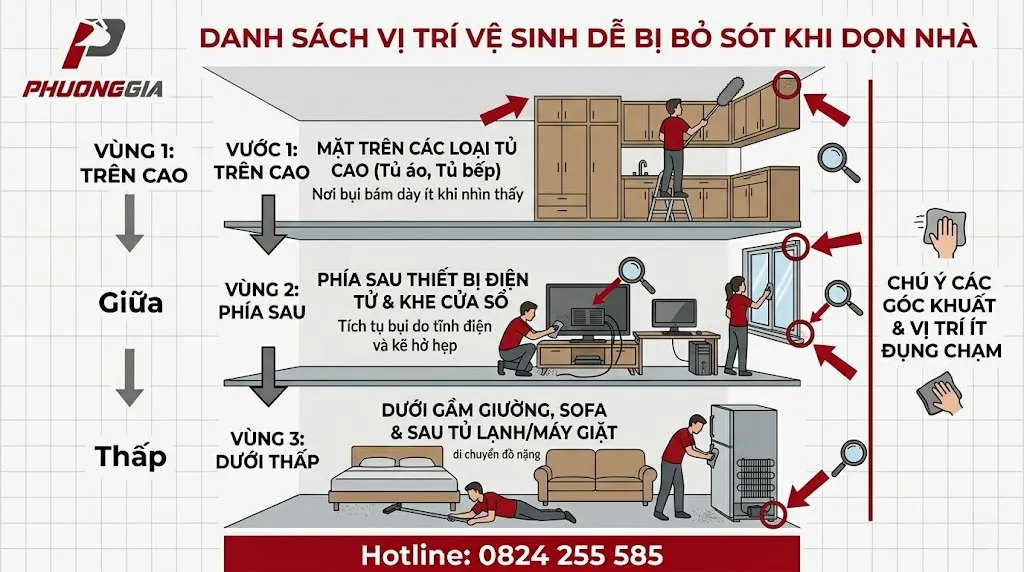 Vệ sinh các điểm dễ bỏ sót như khe cửa chân tường và gầm nội thất