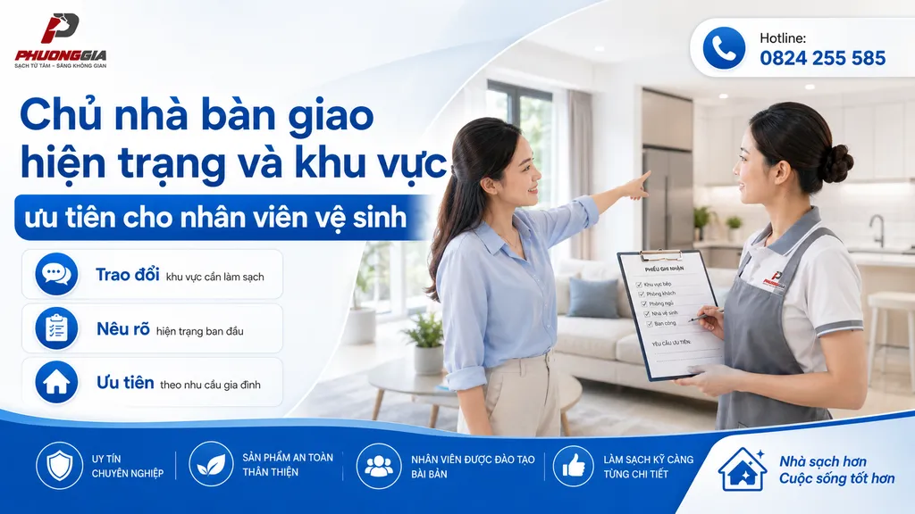 Chủ nhà bàn giao hiện trạng và khu vực ưu tiên cho nhân viên vệ sinh
