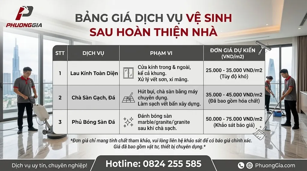 Bảng giá lau kính và chà sàn sau hoàn thiện nhà