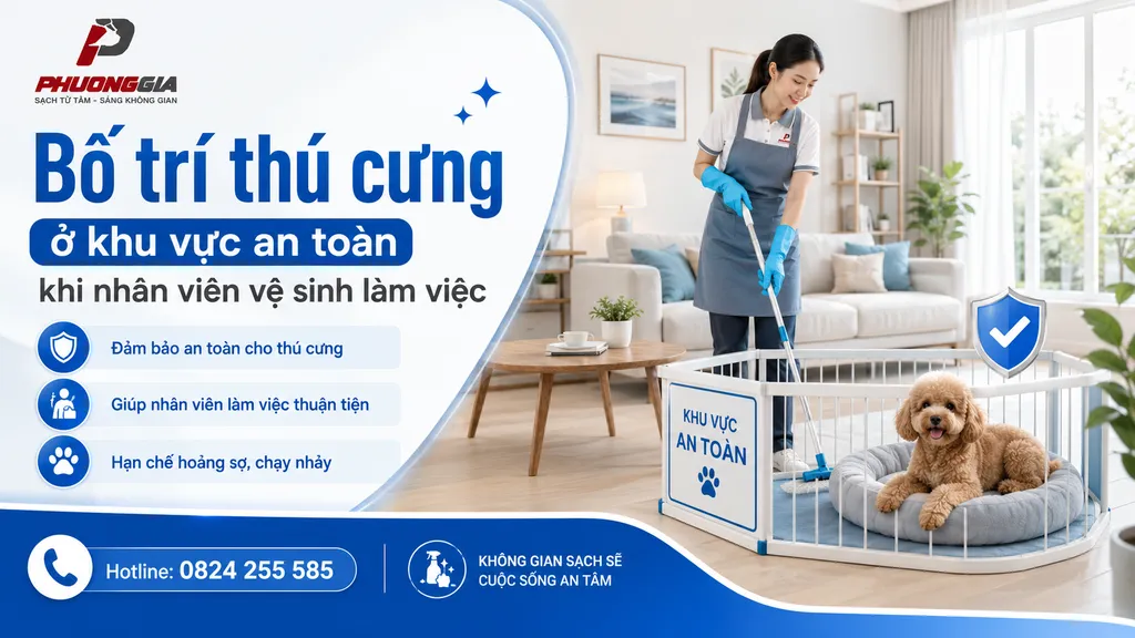 Bố trí thú cưng ở khu vực an toàn khi nhân viên vệ sinh làm việc