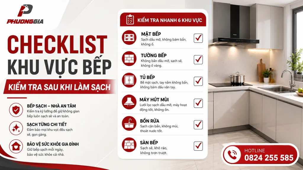 Checklist làm sạch khu vực bếp sau khi xử lý dầu mỡ