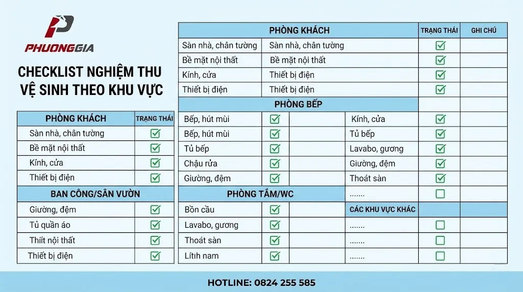 Checklist nghiệm thu vệ sinh theo từng khu vực trong nhà