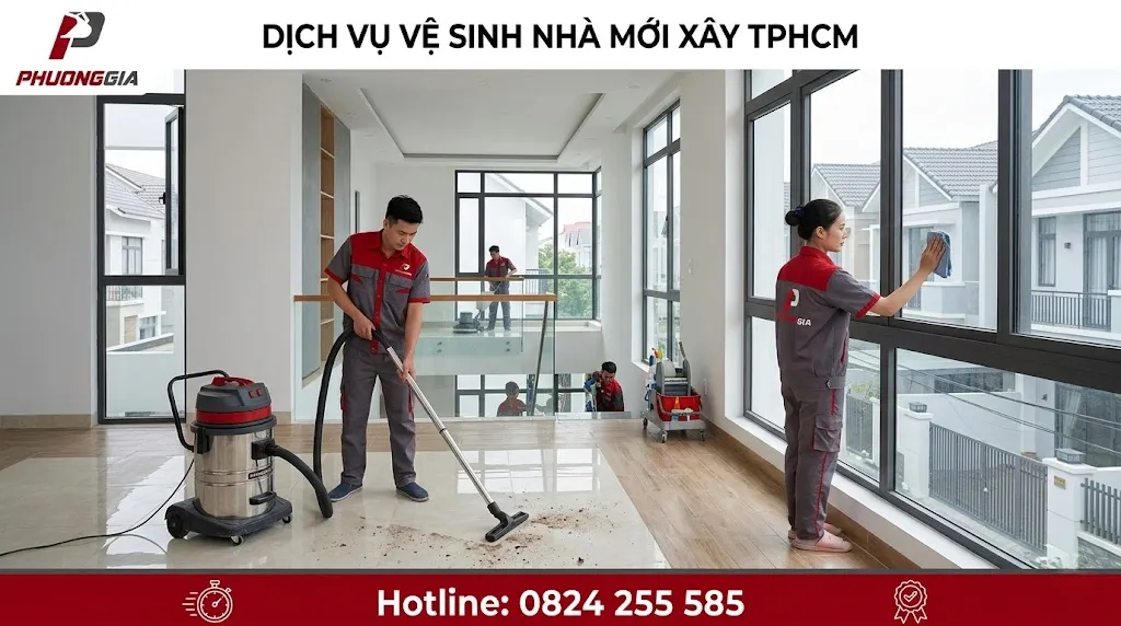 Dịch vụ vệ sinh nhà mới xây tại TPHCM đang làm sạch nhà phố mới hoàn thiện