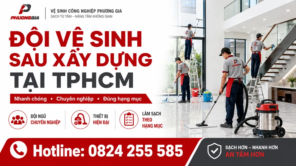 Đội vệ sinh nhà sau xây dựng tại TPHCM đang làm sạch công trình