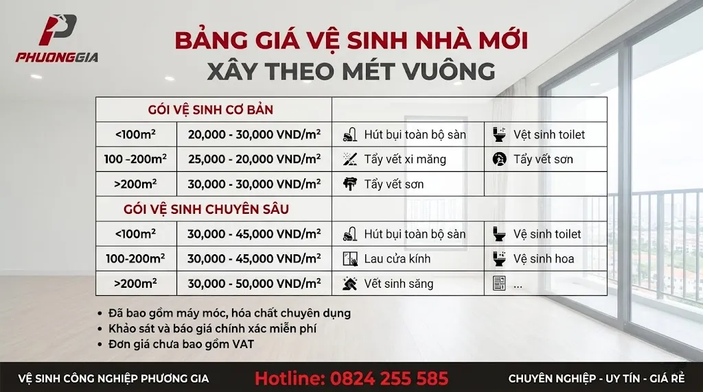 Đơn giá vệ sinh nhà mới xây theo mét vuông