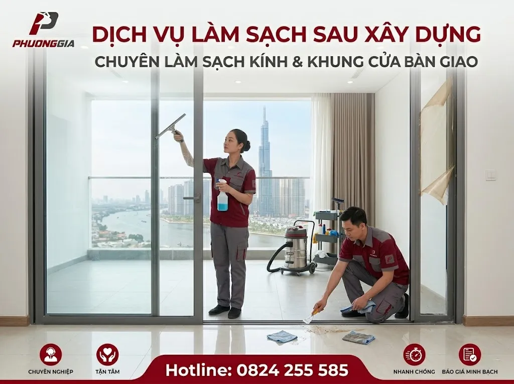 Làm sạch kính và khung cửa trong nhà mới xây trước khi bàn giao