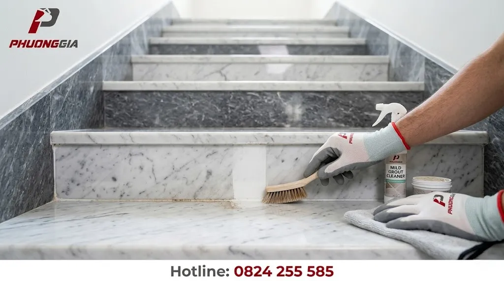 Làm sạch ron cạnh cầu thang đá mà không gây xước hoặc ăn mòn độ bóng