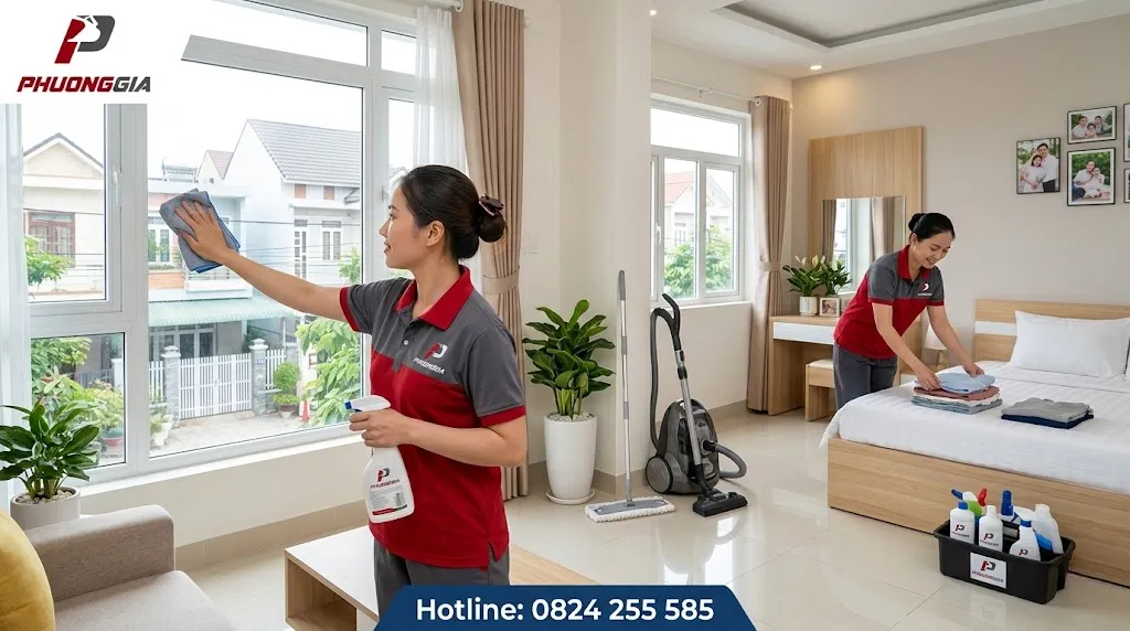 Nhân viên đang lau chùi dọn nhà ở quận 12