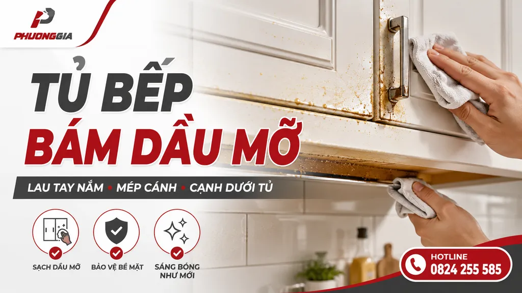 Lau tủ bếp bám dầu mỡ ở tay nắm mép cánh và cạnh dưới tủ