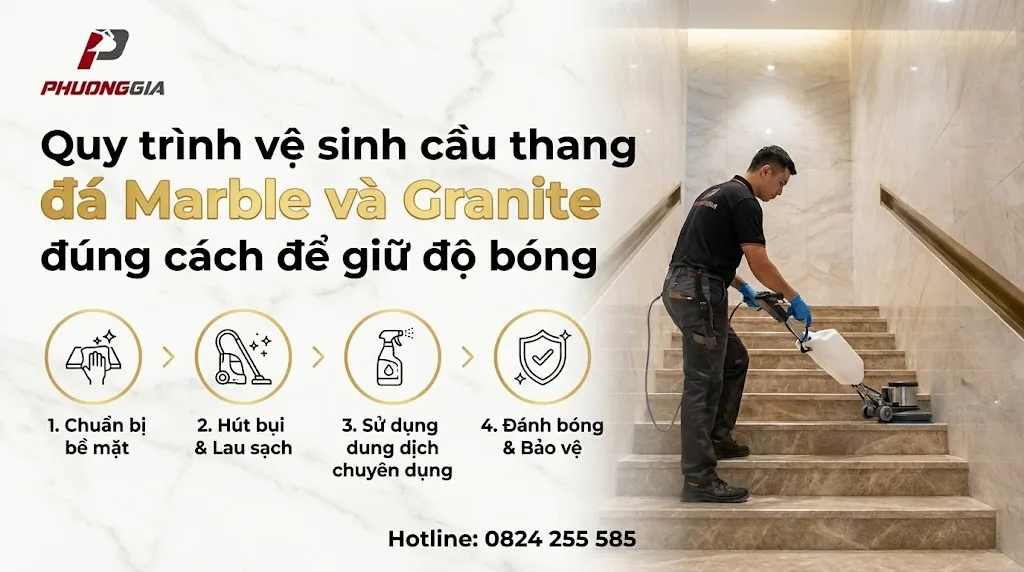 Quy trình vệ sinh cầu thang đá Marble và Granite đúng cách để giữ độ bóng