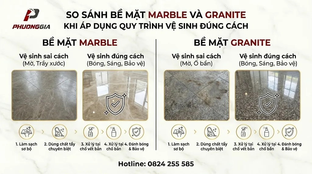 So sánh bề mặt Marble và Granite khi áp dụng quy trình vệ sinh đúng cách
