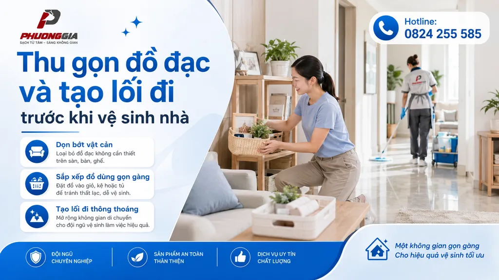Thu gọn đồ đạc và tạo lối đi trước khi vệ sinh nhà