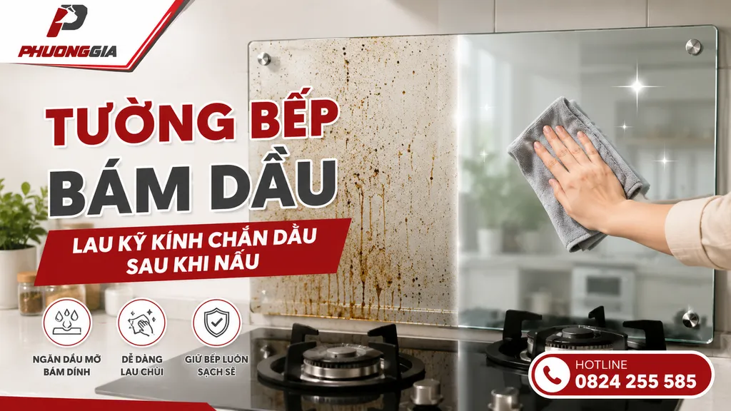 Tường bếp bám dầu và kính chắn dầu cần được lau kỹ sau khi nấu