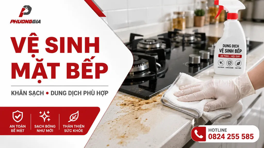 Vệ sinh mặt bếp dính dầu mỡ bằng khăn sạch và dung dịch phù hợp