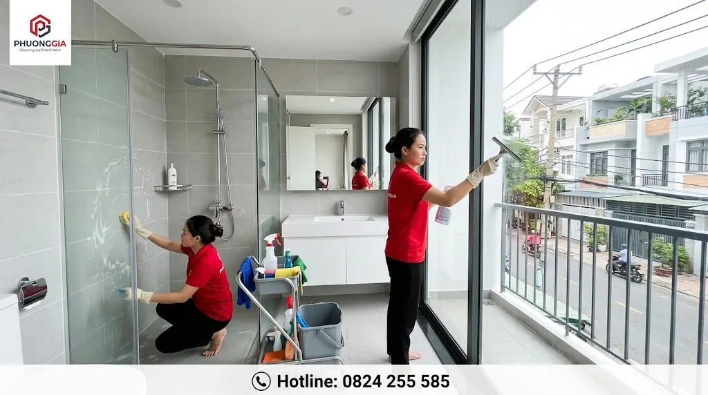 Vệ sinh nhà tắm và kính cửa trong nhà ở Gò Vấp