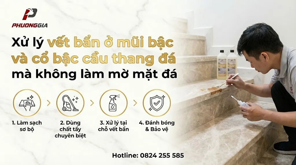 Xử lý vết bẩn ở mũi bậc và cổ bậc cầu thang đá mà không làm mờ mặt đá