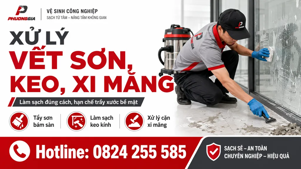 Xử lý vết sơn keo xi măng sau xây dựng trên sàn và kính