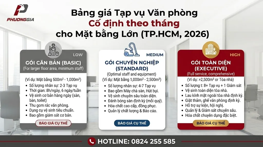 Bảng giá tạp vụ văn phòng cố định theo tháng cho mặt bằng lớn