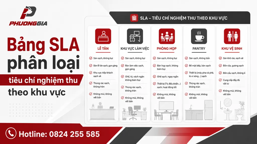 Bảng SLA phân loại tiêu chí nghiệm thu cho lễ tân phòng họp pantry và toilet
