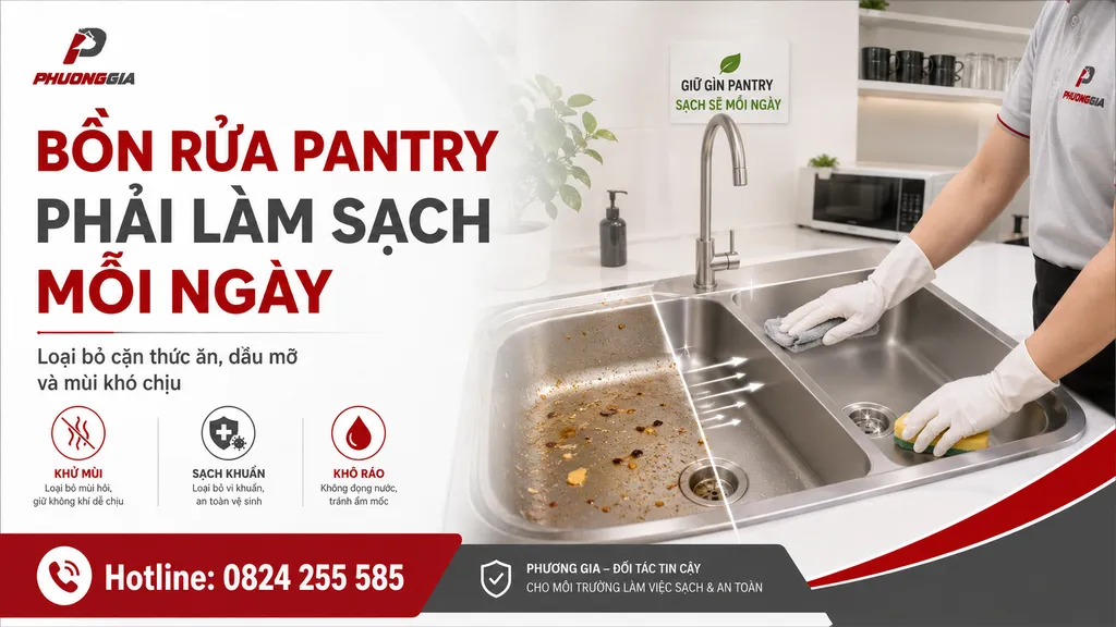 Bồn rửa pantry văn phòng có cặn thức ăn cần làm sạch hằng ngày