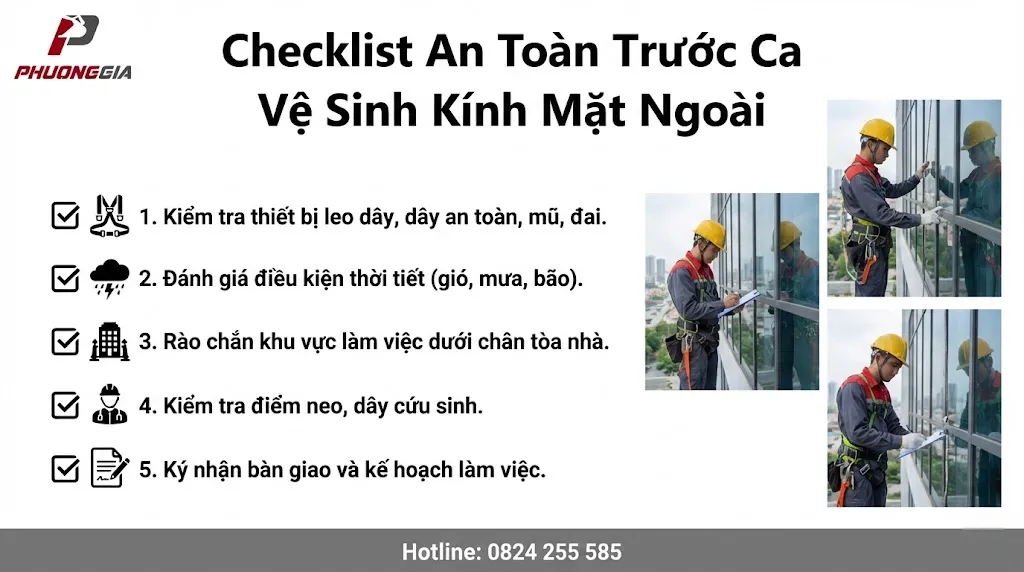 Checklist an toàn trước ca vệ sinh kính mặt ngoài