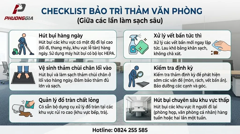Checklist bảo trì thảm văn phòng giữa các lần làm sạch sâu