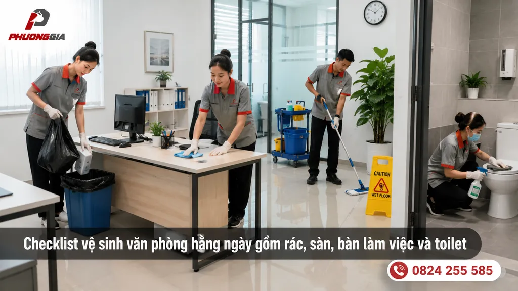 Checklist vệ sinh văn phòng hằng ngày gồm rác, sàn, bàn làm việc và toilet