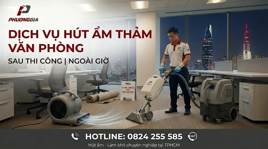 Hút ẩm thảm văn phòng sau thi công ngoài giờ