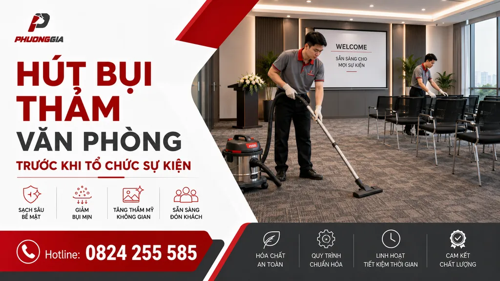 Hút bụi thảm văn phòng trước khi tổ chức sự kiện
